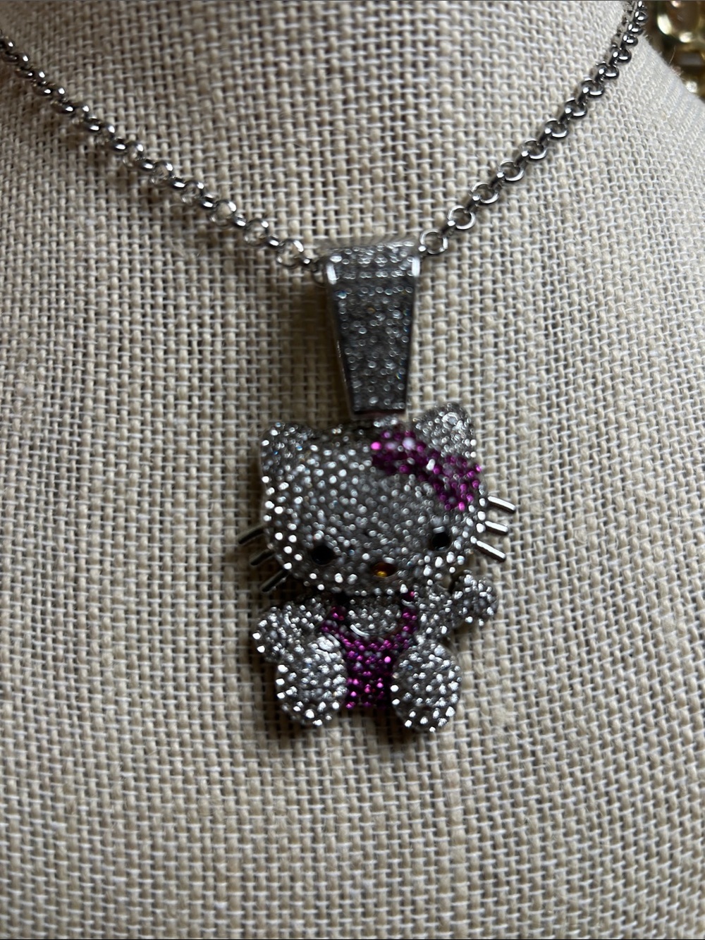 Hello Kitty Silver Pendant Necklace with Pink Crystal Accents